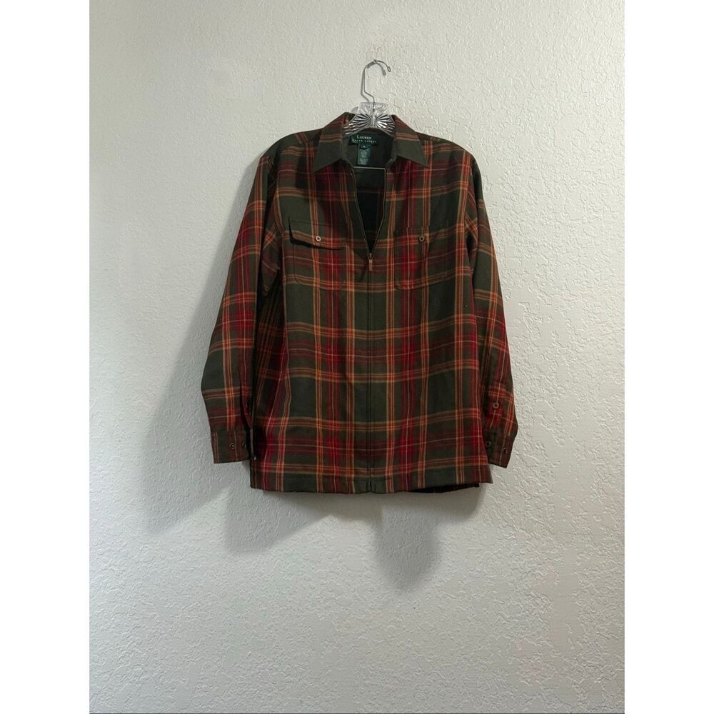 Lauren Ralph Lauren Plaid Wool Zip Button Green Red Beige Collared Polo RRL M